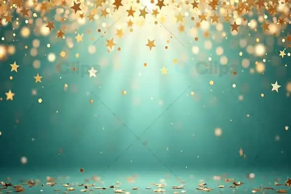Golden Stars and Glitter Sparkles on Teal Background