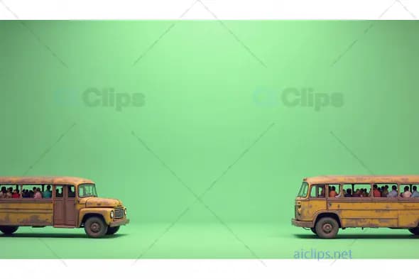 Vintage Yellow School Buses on Green Background