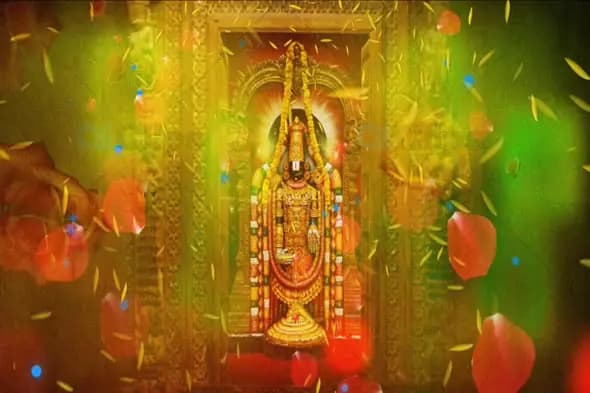 Divine Temple Deity Background with Floating Petals and Light Particles