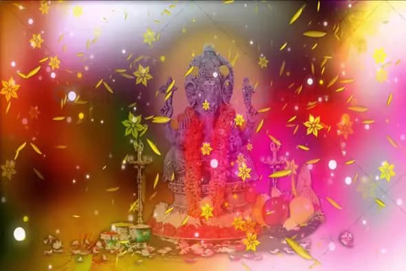 Lord Ganesha with Floral Offerings and Glowing Light Effects Animation