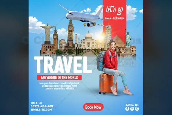 World Travel Social Media Banner Template with Famous Landmarks
