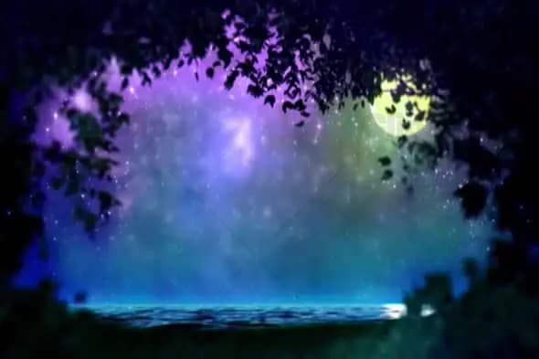 Mystical Night Sky with Glowing Moon and Starry Water Animation