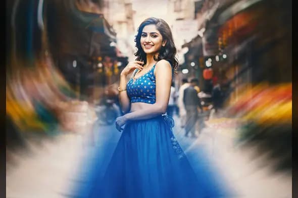 Woman in Blue Blurred Market Portrait