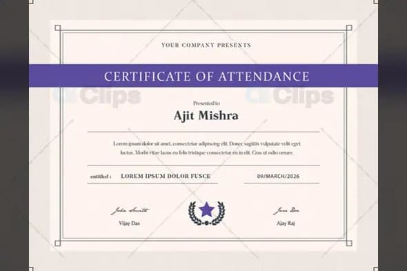 Elegant Purple Attendance Certificate Template with Star Emblem
