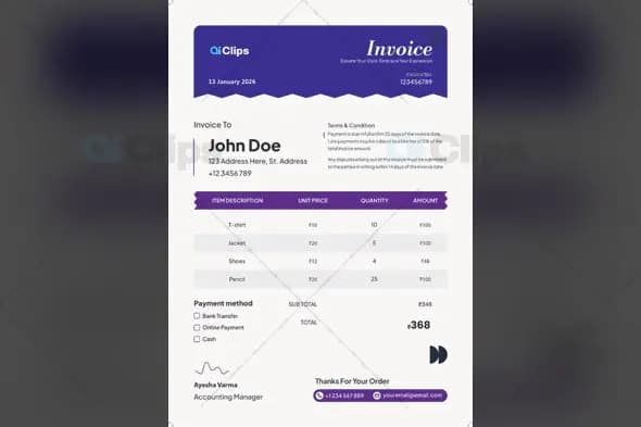 Professional Purple Invoice Template with Modern Wave Design