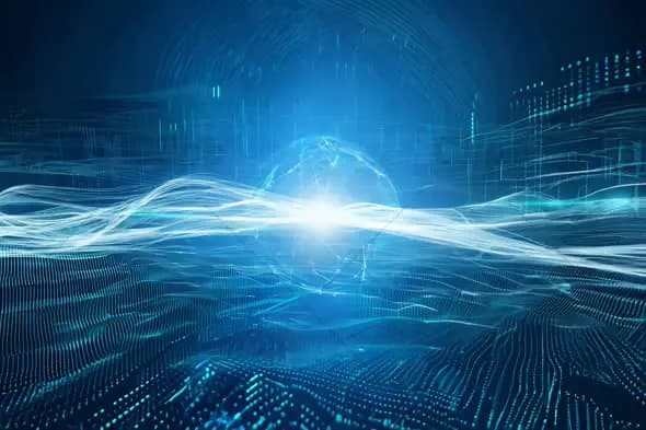 Futuristic Digital Globe with Flowing Data Waves and Blue Energy