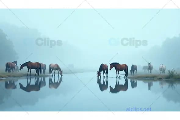 Horses Grazing by the Misty Lake in a Serene Landscape