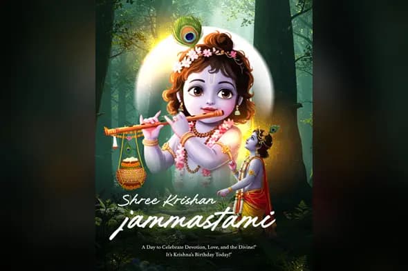 Krishna Poster with Flute & Forest Background Template