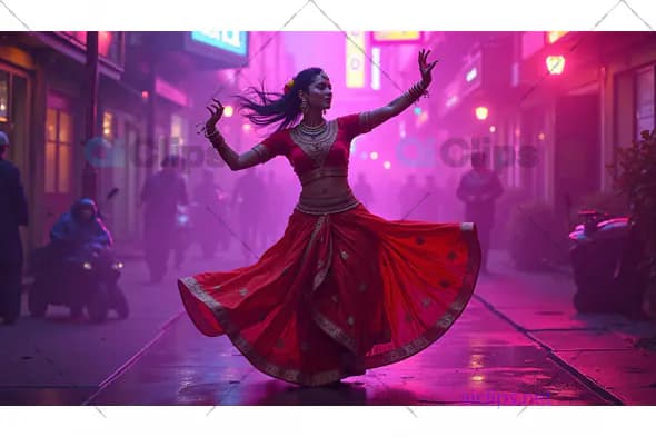 Indian Dancer in Red Lehenga Amidst Neon City Lights