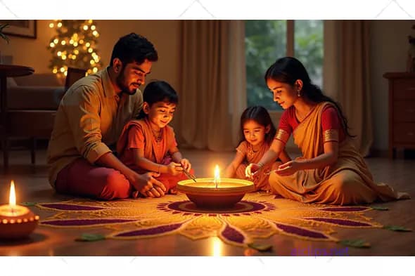 Family Celebrating Diwali with Diyas and Rangoli