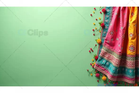 Vibrant Indian Saree with Floral Details on Green Background