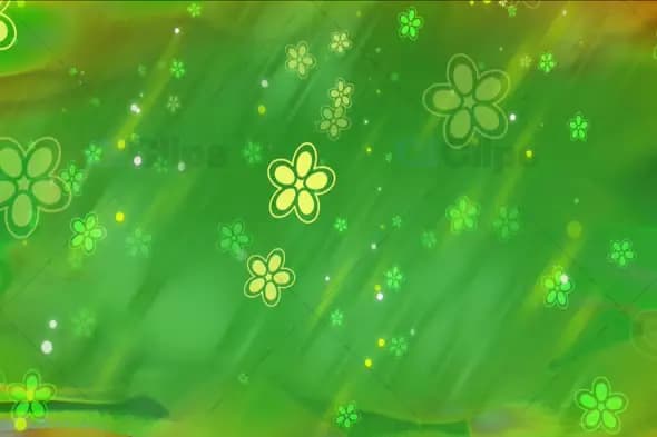 Green Floral Gradient Background with Floating Flowers and Light Particles