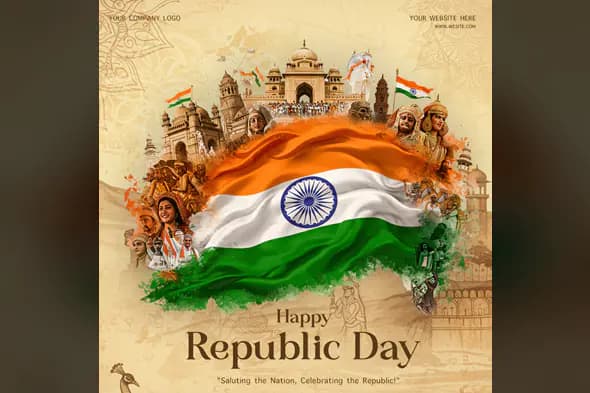 Tricolor Flag & Heritage Poster Design of Indian Republic Day PSD Template