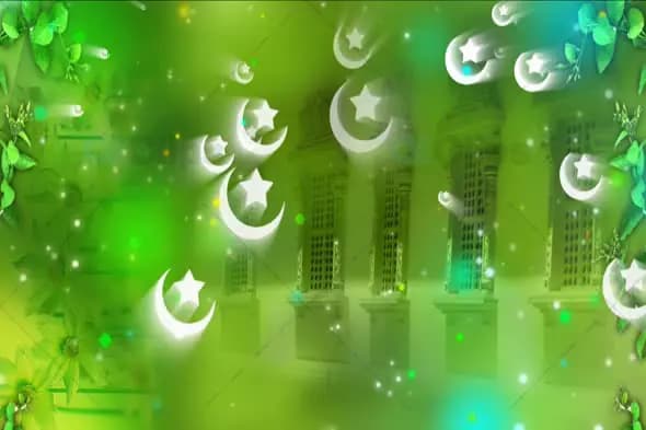 Islamic Crescent Moons and Stars with Glowing Light on Festive Green Background Animation
