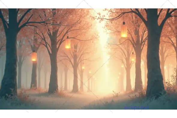 Dreamy Forest Pathway with Lanterns at Sunrise