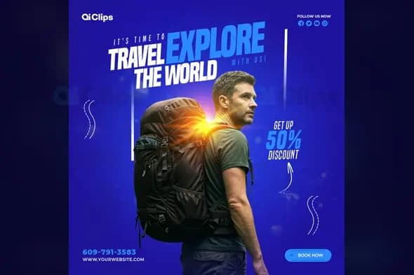 Travel Adventure Social Media Template with Backpacker