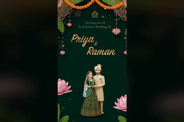 Dark Green 3D Indian Wedding Invitation Template with Lotus Theme and Traditional Cartoon Couple