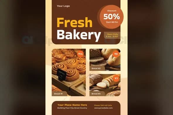 Fresh Bakery Shop 50% Discount Promotional Template