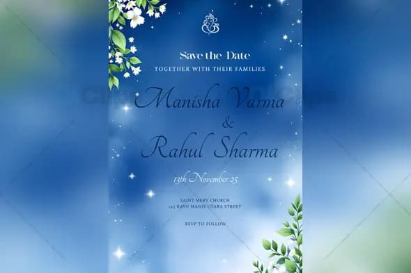 Elegant Blue Wedding Invitation PSD Template