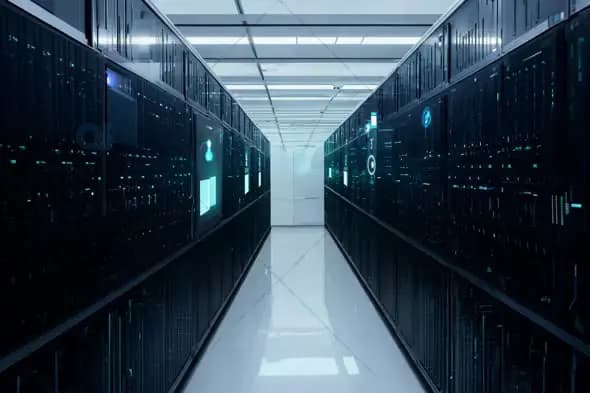 Futuristic Data Center with Illuminated Server Racks