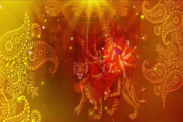 Goddess Durga on Tiger with Glowing Light and Ornamental Frame Animation
