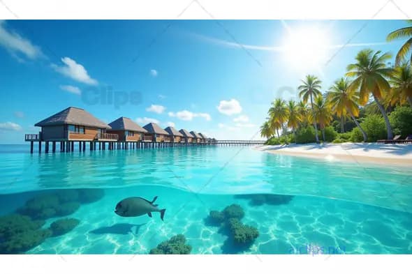 Tropical Beach Paradise with Overwater Bungalows and Crystal-Clear Waters