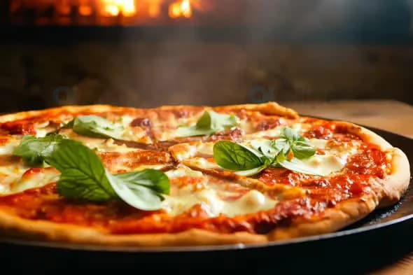 Wood-Fired Pizza with Fresh Basil - Authentic Italian Cuisine