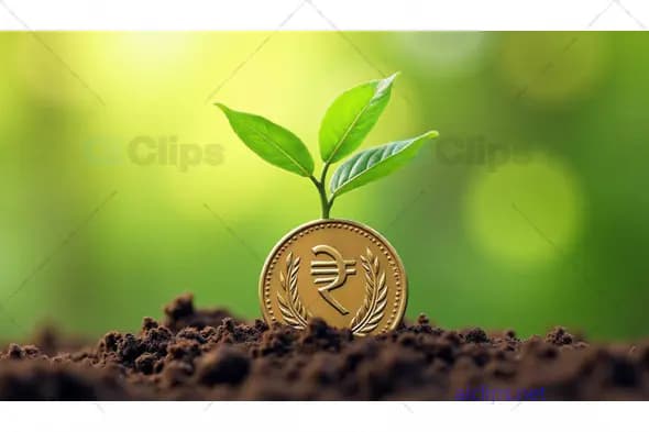 Indian Rupee Coin with Green Sprout in Soil