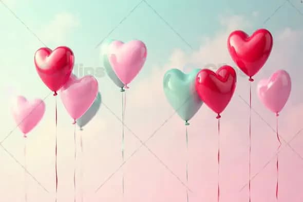 Floating Heart-Shaped Balloons on Pastel Sky Background