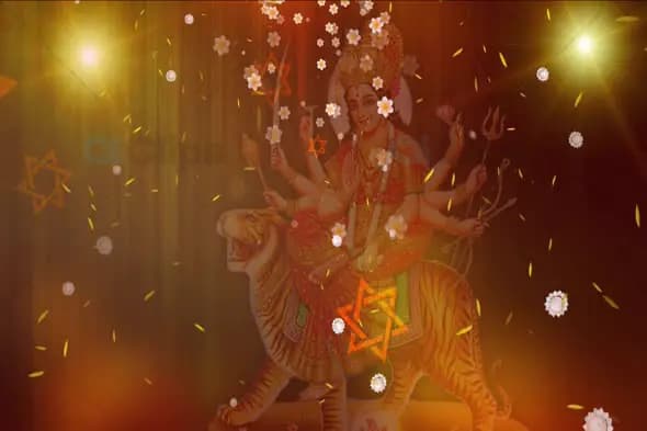 Hindu Goddess Durga on Tiger with Glowing Symbols and Floating Flowers Animation