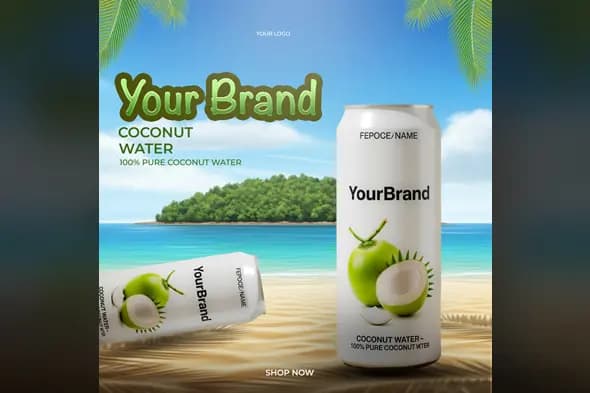 Tropical Coconut Water Can Mockup Template