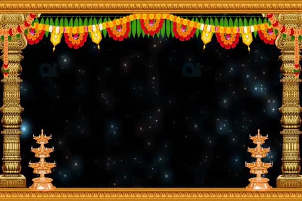 Traditional Indian Temple Frame with Floral Garlands and Diyas on Starry Night Background