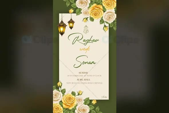 Elegant Hindu Wedding Invitation with Roses and Lanterns