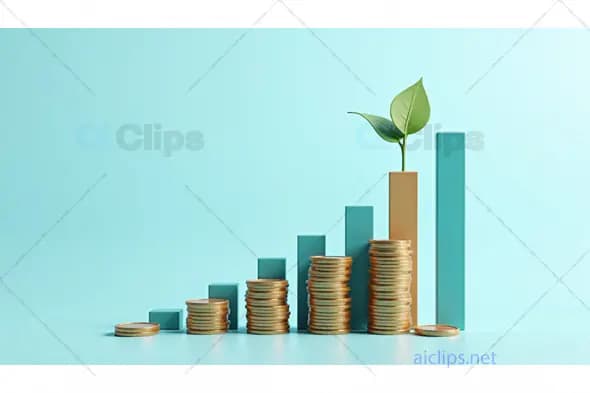 Stacked Coins and Growth Chart with Leaf Symbolizing Financial Growth