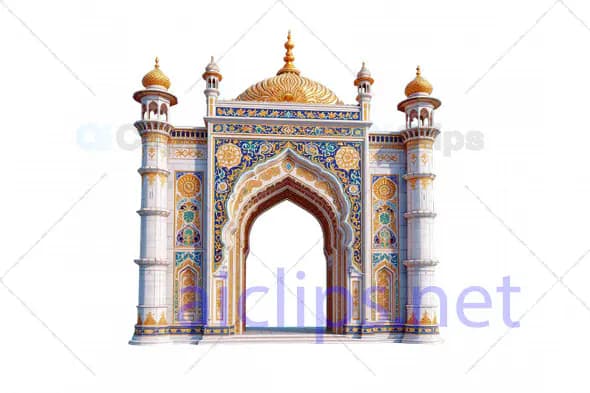 Grand 3D Mughal Archway with Ornate Domes and Floral Patterns