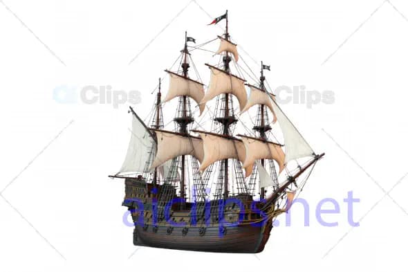 Detailed 3D Model of Classic Pirate Ship with Full Rigging and Sails