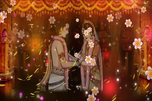 Traditional Indian Wedding Couple with Floating Flowers and Glowing Light Animation