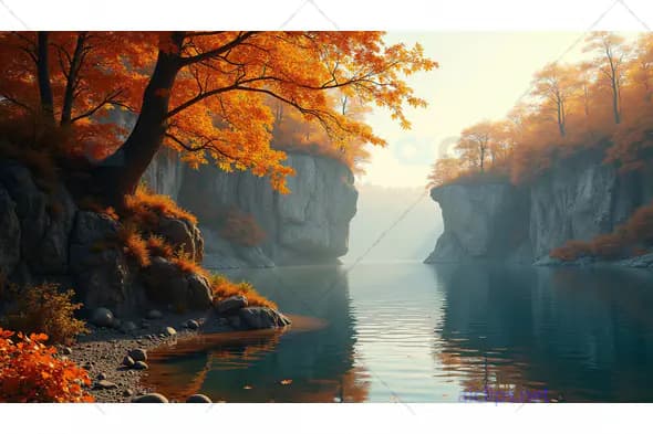 Autumn Trees by a Serene River Gorge