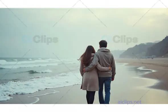 Romantic Couple Embracing on a Beach Walk – Serene Oceanfront Moment