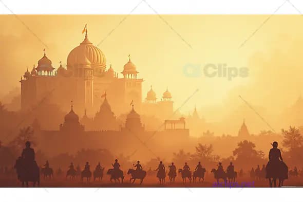 Majestic Indian Palace at Sunset with Silhouetted Riders