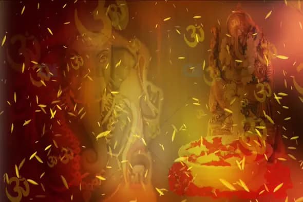 Lord Ganesha with Glowing Light, Floating Om Symbols, and Petals Animation