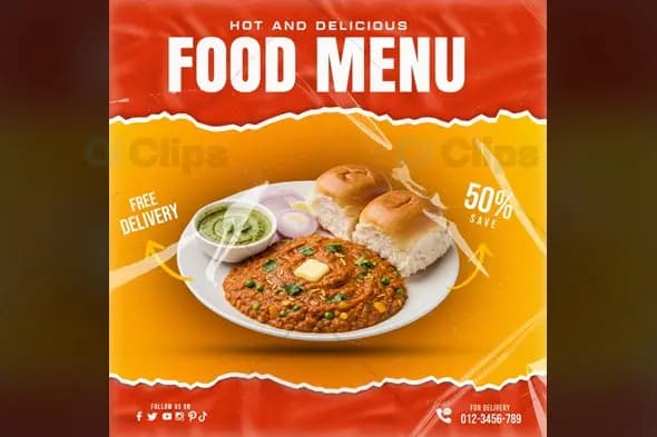 Indian Food Menu Template with Pav Bhaji Dish Display