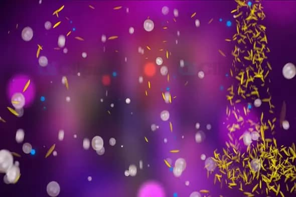 Glittering Particles and Bokeh with Festive Confetti on Purple Background