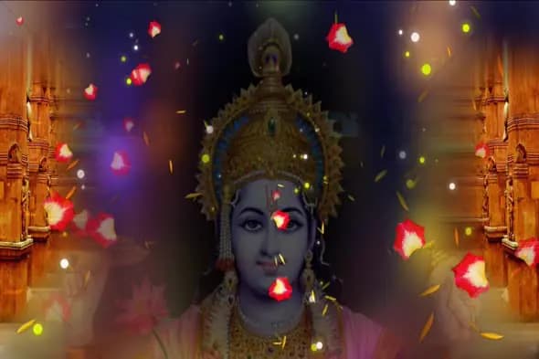 Deity with Floating Petals and Temple Background