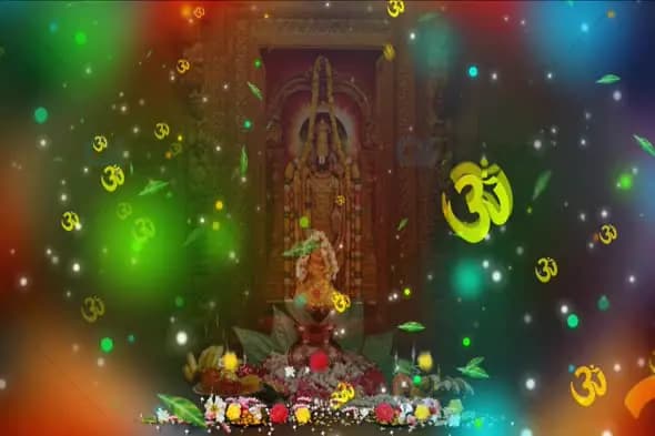 Divine Temple Background with Om Symbol and Glowing Particles