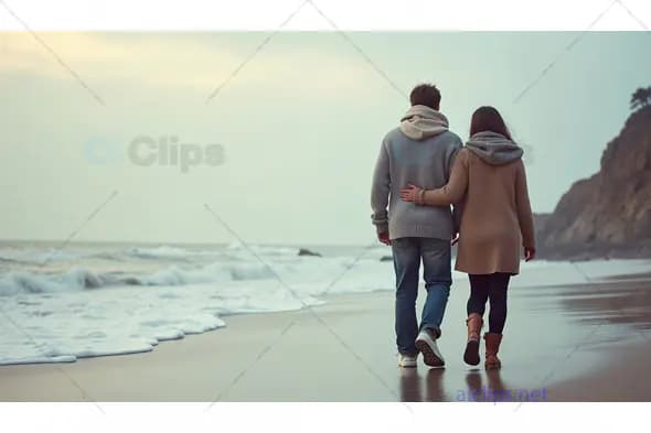 Romantic Couple Walking on a Beach – Serene Coastal Stroll
