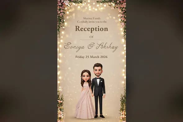 3D Cartoon Indian Couple Wedding Reception Invitation Portrait Template