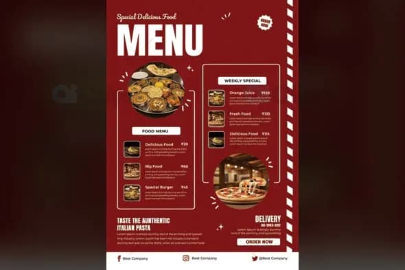 Modern Red Restaurant Food Menu Template with Photo Elements