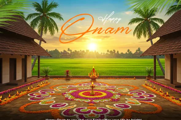 Happy Onam Beautiful Kerala Sunrise template with Pookalam and Rituals