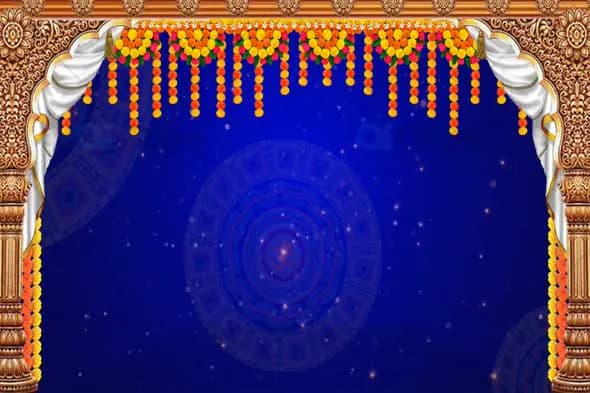 Traditional Marigold Garland and Ornate Archway on Deep Blue Background